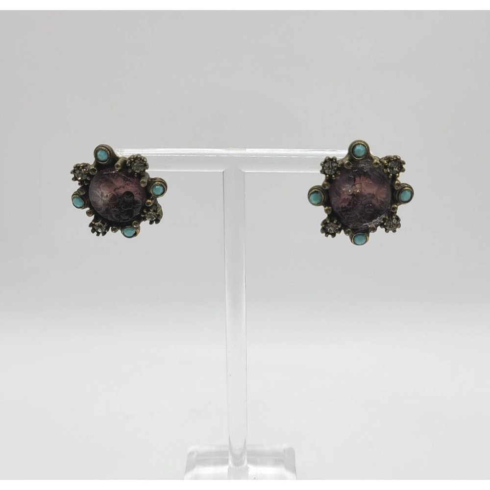 Vintage Yosca Carved Purple Stone & Rhinestone 1" Post Earrings